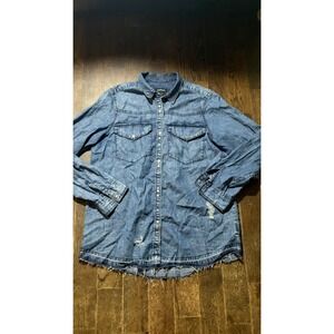 Express Boyfriend Shirt Womens Med Raw Hem Blue Denim Long Sleeve Distressed